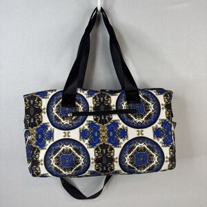 Alice + Olivia Baroque Medallion Print Duffel Blue Gold Regal  Travel Bag